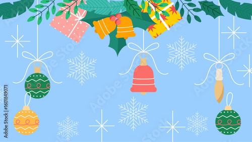 Festive Christmas decorations with bells, ornaments, gifts, and snowflakes. Perfect for holiday themed designs, greeting cards, invitations, and social media posts.