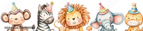 
A cute birthday banner with party animals like a monkey, zebra, and lion wearing colorful hats, isolated on a white background.