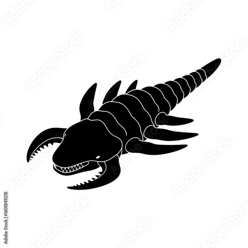 Silhouette illustration of a Jaekelopterus, an extinct giant predatory eurypterid, with prominent claws and segmented body.
