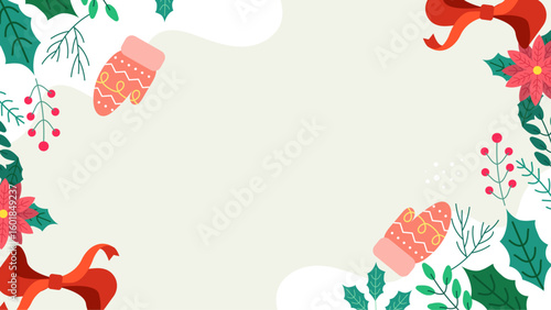 Christmas card design featuring mittens, bows, and holly, perfect for holiday greetings, invitations, and festive stationery. Holy jolly delight!