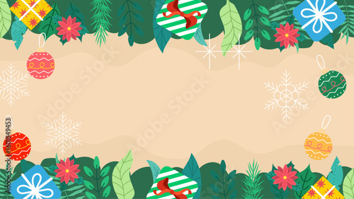 Festive Christmas scene with presents, ornaments, and flowers perfect for holiday backgrounds, cards, invitations, and social media posts.