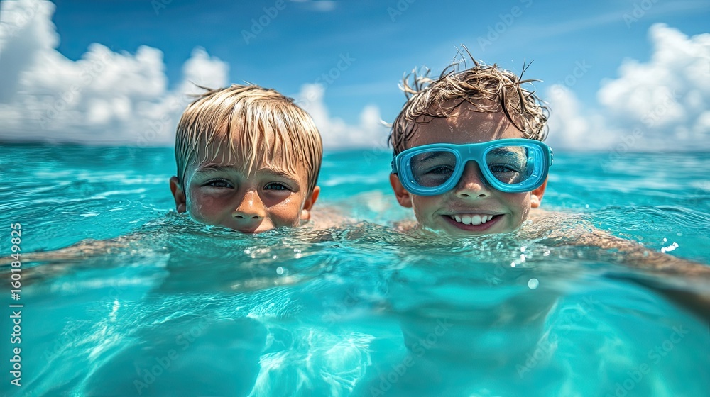 Naklejka premium Joyful summer adventure: two boys swimming in turquoise water under a bright blue sky