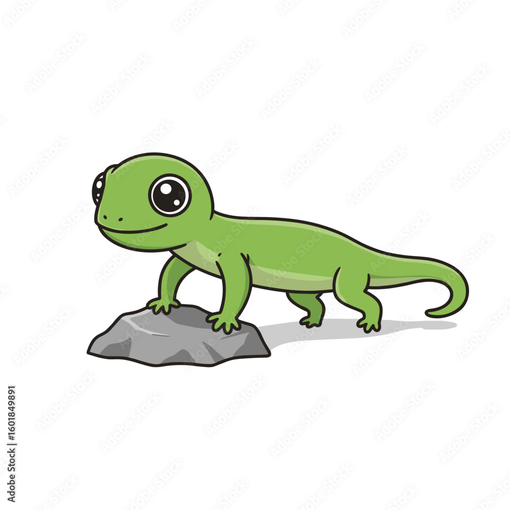Fototapeta premium Adorable Cartoon Green Gecko on a Rock, Large Eyes, Smiling Expression