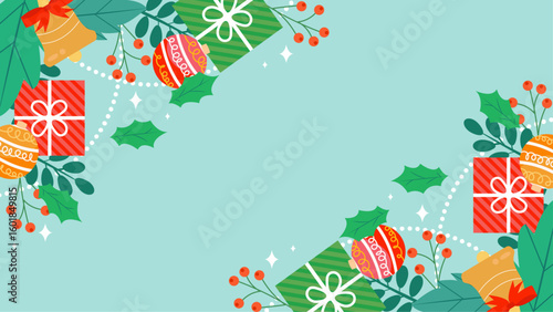 Christmas gifts, ornaments, berries, and bells collage suitable for holiday greeting cards, invitations, social media posts, and festive designs.