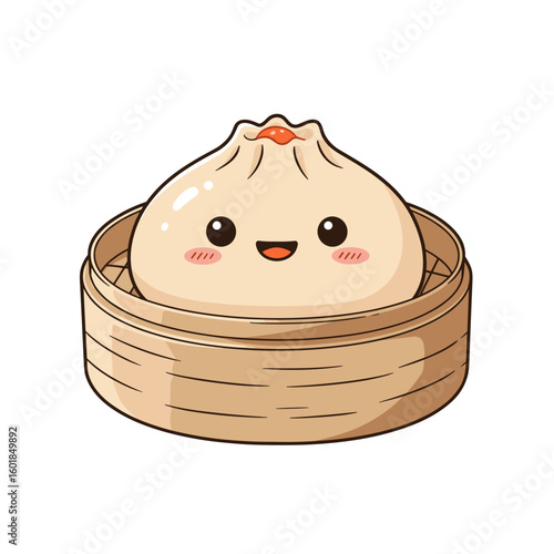 Adorable Cartoon Char Siu Bao Bun in Bamboo Steamer