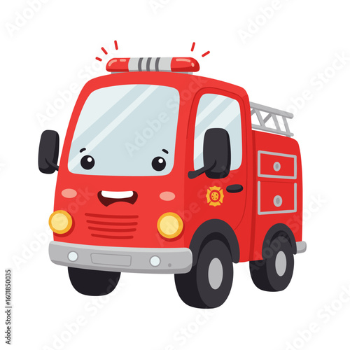 Cheerful Cartoon Firetruck with Smiling Face and Ladder