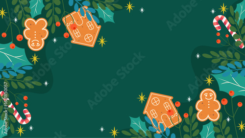 Festive Christmas gingerbread men houses and candy canes for holiday designs. Suitable for invitations, greeting cards, and social media posts.
