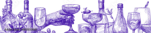 A line drawing of various cocktail glasses and bottles, a hand holding the bottom left corner to make it appear as if it is coming out of the screen with brush strokes, purple ink on white background.