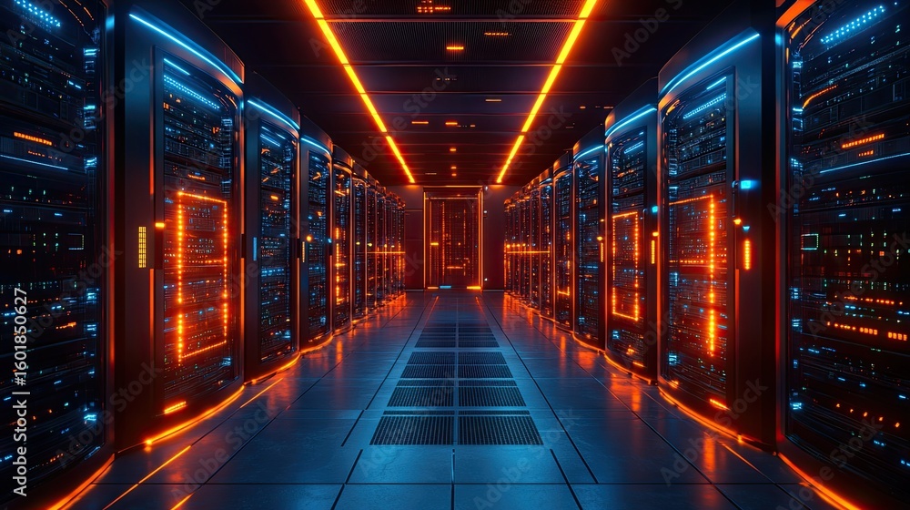 Interior of a data center server room at night, illuminated by orange lights and tech elements Interior of a data center server room at night, illuminated by orange lights and tech elements