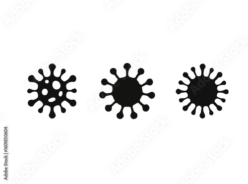 Three stylized virus icons with different internal structures isolated on transparent background