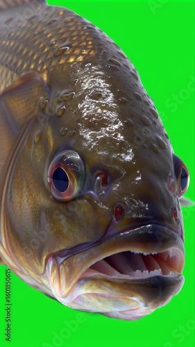 Intense Close-Up of Freshwater Fish Head with Open Mouth and Visible Teeth on Green Background