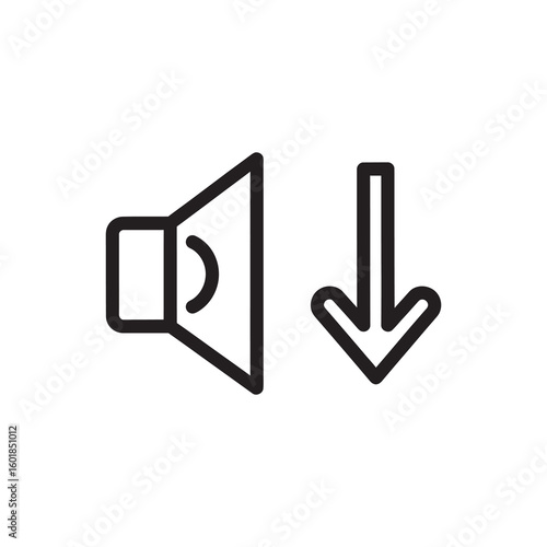Volume down control line icon with speaker and arrow symbol for audio level reduction sound adjustment and media player interface element