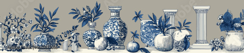 Design drawings suitable for laser engraving, featuring blue and white porcelain motifs with Greek elements in various shapes such as vases, olive branches, statues, pillars, columns, pomegranates.