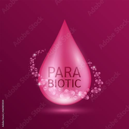 Red water drop parabiotic surrounded by glowing ring bacteria. Good dead bacterial flora for stomach intestine. Health care immunity. For design dietary supplement products ads. Vector.