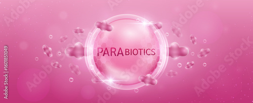 Parabiotics in transparent hexagonal dome with surrounding parabiotic bacteria red. Good bacterial flora for intestine and stomach digestive system. Supplements healthy. Banner vector.