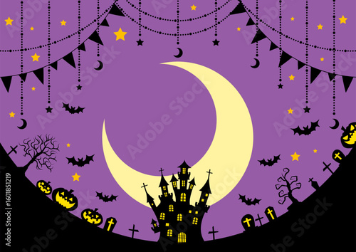 ハロウィン背景、横、紫、かわいい、三日月