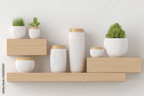 Wooden shelves display white textured pots and small plants