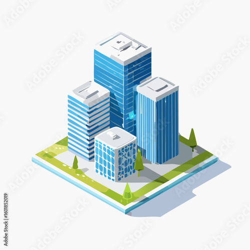 digital buildings in a minimalist isometric vector style, with clean lines
