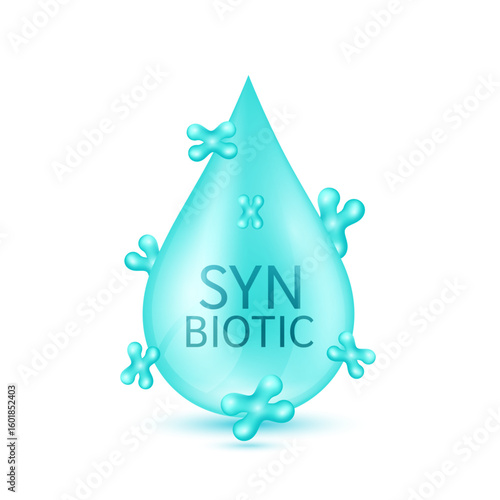 Blue water drop synbiotic on white background. Good bacterial flora for intestine and stomach. For designing dietary supplements healthy. Vector.