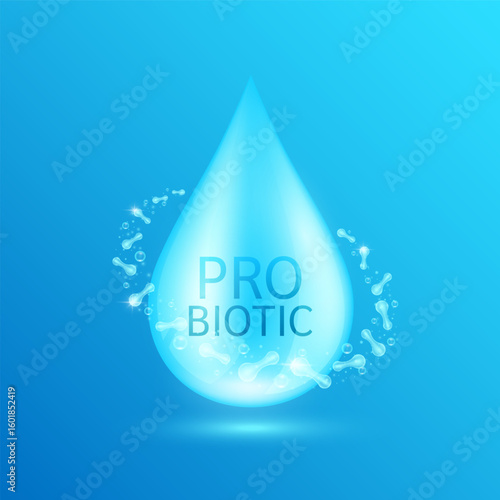 Blue water drop probiotic surrounded by glowing ring bacteria. Good dead bacterial flora for stomach intestine. Health care immunity. For design dietary supplement products ads. Vector.