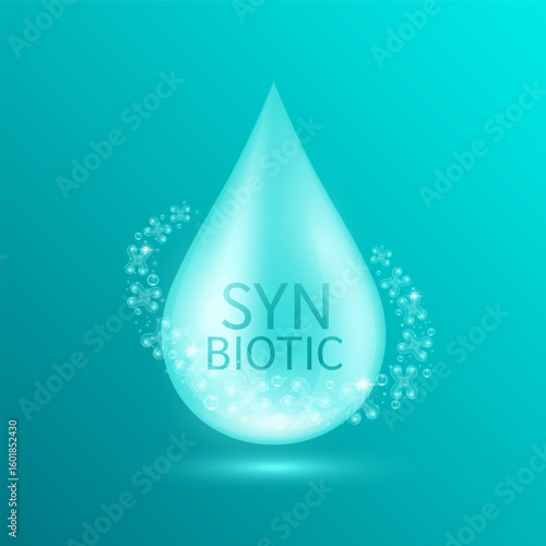 Blue water drop synbiotic surrounded by glowing ring bacteria. Good dead bacterial flora for stomach intestine. Health care immunity. For design dietary supplement products ads. Vector.