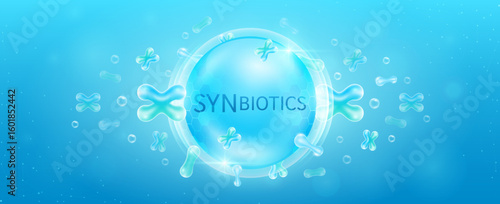 Synbiotics in transparent hexagonal dome with surrounding synbiotic bacteria blue. Good bacterial flora for intestine and stomach digestive system. Supplements healthy. Banner vector.