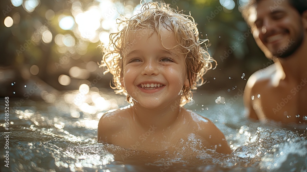 Fototapeta premium Joyful Young Boy with Curly Blonde Hair Laughing While Playing in Water with Smiling Father Nearby 