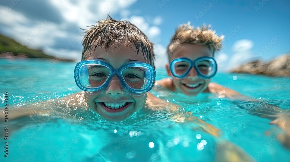 Naklejka premium Joyful summer adventure: two boys swimming in turquoise water under a bright blue sky 