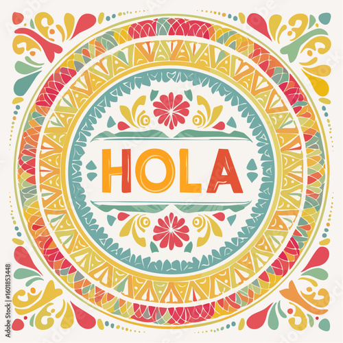 circular “hola” greeting in vibrant vector typography on 800×800 px rgb artboard
