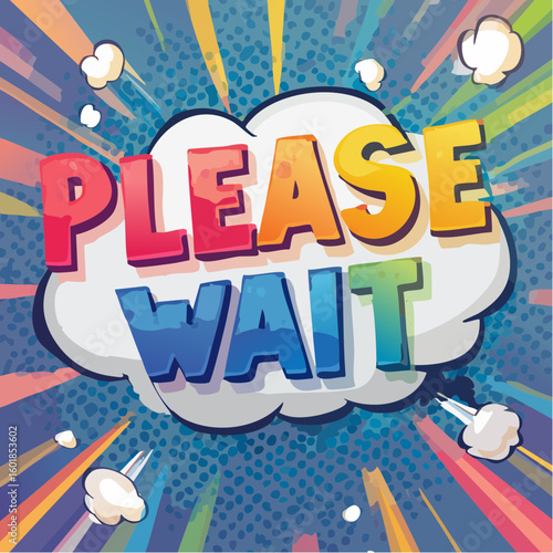 “please wait” colorful rainbow gradient wordmark on 1200×400 px rgb artboard
