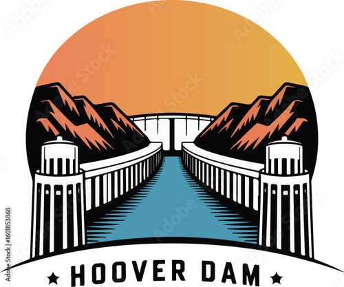 A stylized illustration of the Hoover Dam with a vibrant sunset in the background