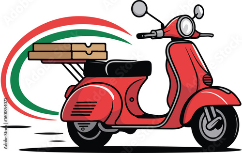 A red scooter delivers a pizza box quickly through city streets. transparent png vector
