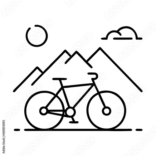 Bicycle silhouette against mountains and sun