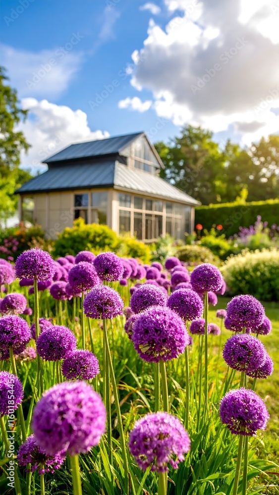Purple allium blooms in garden Purple allium blooms in garden