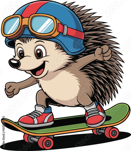 A hedgehog character joyfully riding a skateboard, wearing a helmet and goggles, transparent png vector