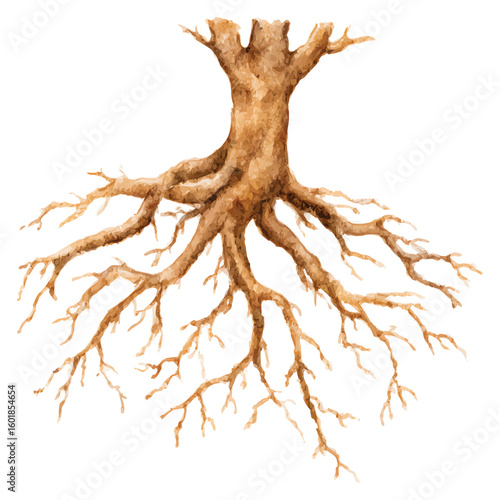 Intricate brown tree roots and trunk painted in watercolor style tree trunk natural