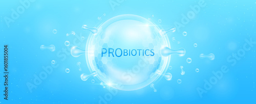 Probiotics in transparent hexagonal dome with surrounding probiotic bacteria blue. Good bacterial flora for intestine and stomach digestive system. Supplements healthy. Banner vector.