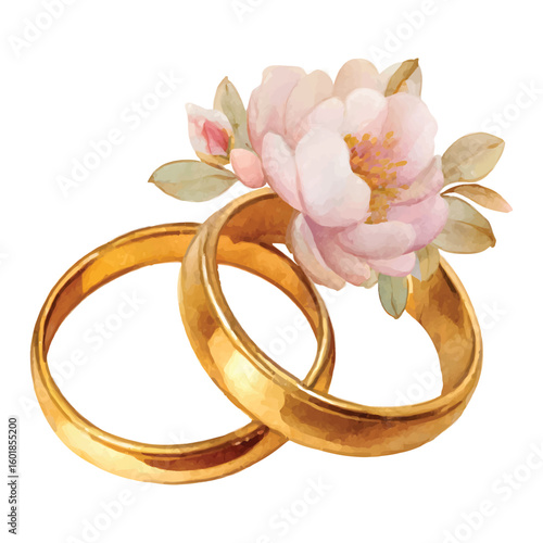 Golden wedding rings with delicate pink floral watercolor accent gold rings engagement rings