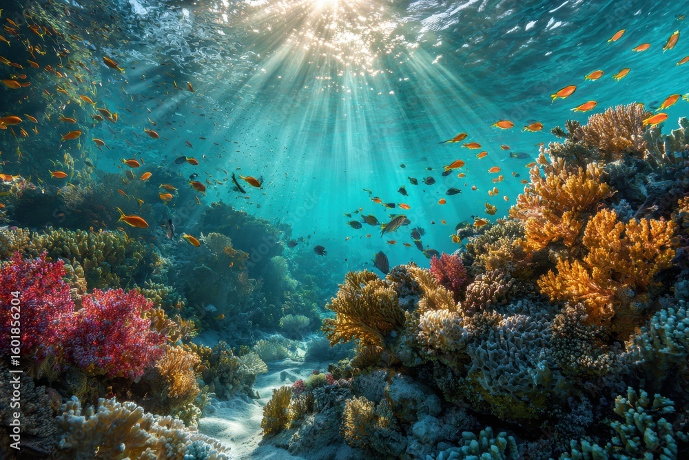 Fototapeta premium Fish swim near coral reefs under shining sun in ocean. For conservation, tourism