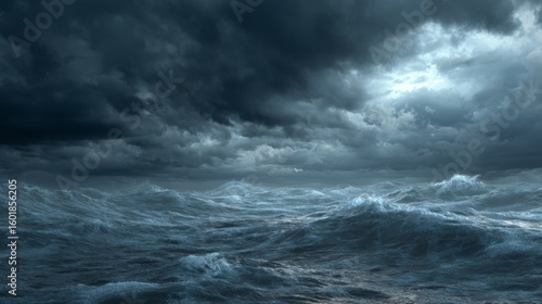 Dark and Stormy Ocean Waves Under Dramatic Cloudy Sky with Shifting Light and Wild Water Movement in a Moody Atmosphere
