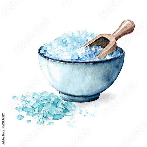 Hand drawn watercolor illustration of blue sea salt in a bowl with a wooden scoop blue salt