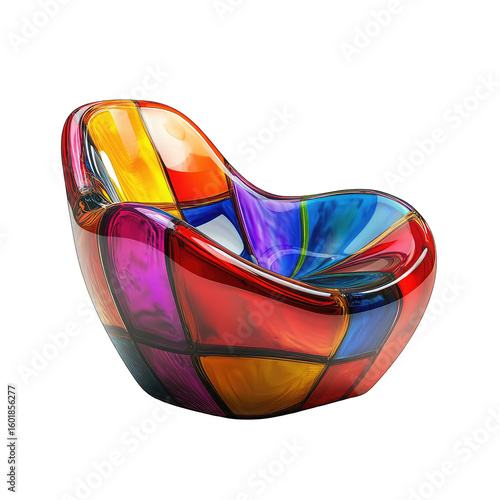 A vibrant, colorful, glass chair-like object with a smooth, curved design and a stained-glass effect.  The piece features a bold patchwork of red, orange, yellow, blue, purple, and magenta hues