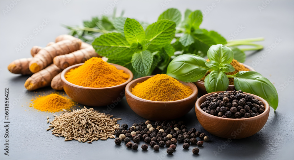 Vibrant turmeric powder and spices creating an aromatic culinary experience, ideal for healthy recipes and holistic wellness content, emphasizing fresh natural ingredients Vibrant turmeric powder and spices creating an aromatic culinary experience, ideal for healthy recipes and holistic wellness content, emphasizing fresh natural ingredients