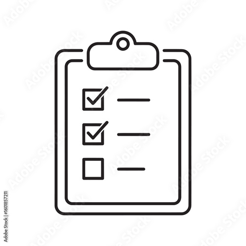 Survey form line icon on clipboard with checklist for customer feedback poll questionnaire and market research data collection document