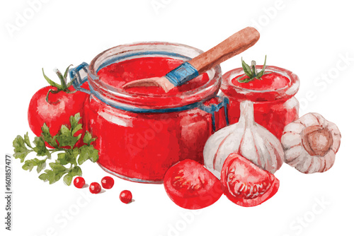 Watercolor illustration of homemade tomato sauce with fresh ingredients and jars vector
