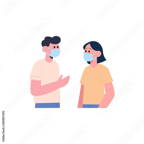 people wearing masks talking, illustrating social distancing.