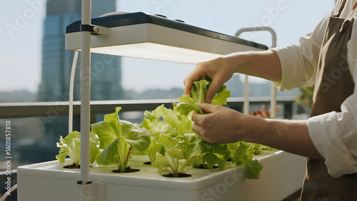 Urban Hydroponic Lettuce Harvest on Rooftop Garden