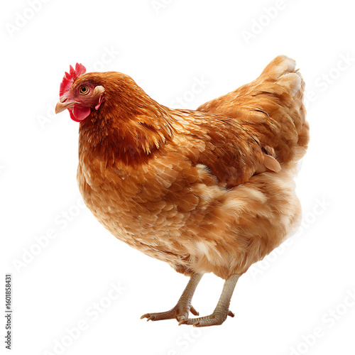 A reddish-brown hen against a black background.