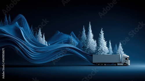 Winter landscape with a truck carrying a snowy forest.