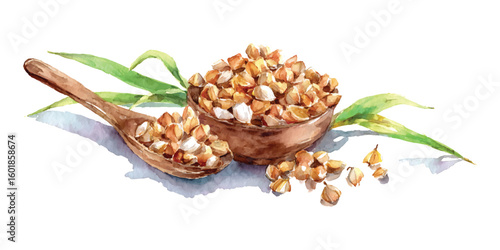 Watercolor vector illustration of organic buckwheat grain in wooden bowl and spoon with green leaves